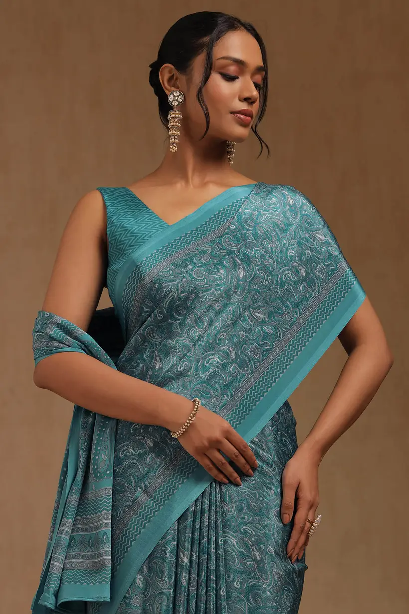 Turquoise Blue Crepe Paisley Print Saree